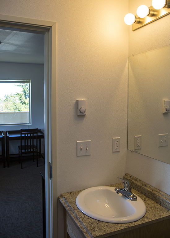 Looking out on the bedroom from its private bathroom.