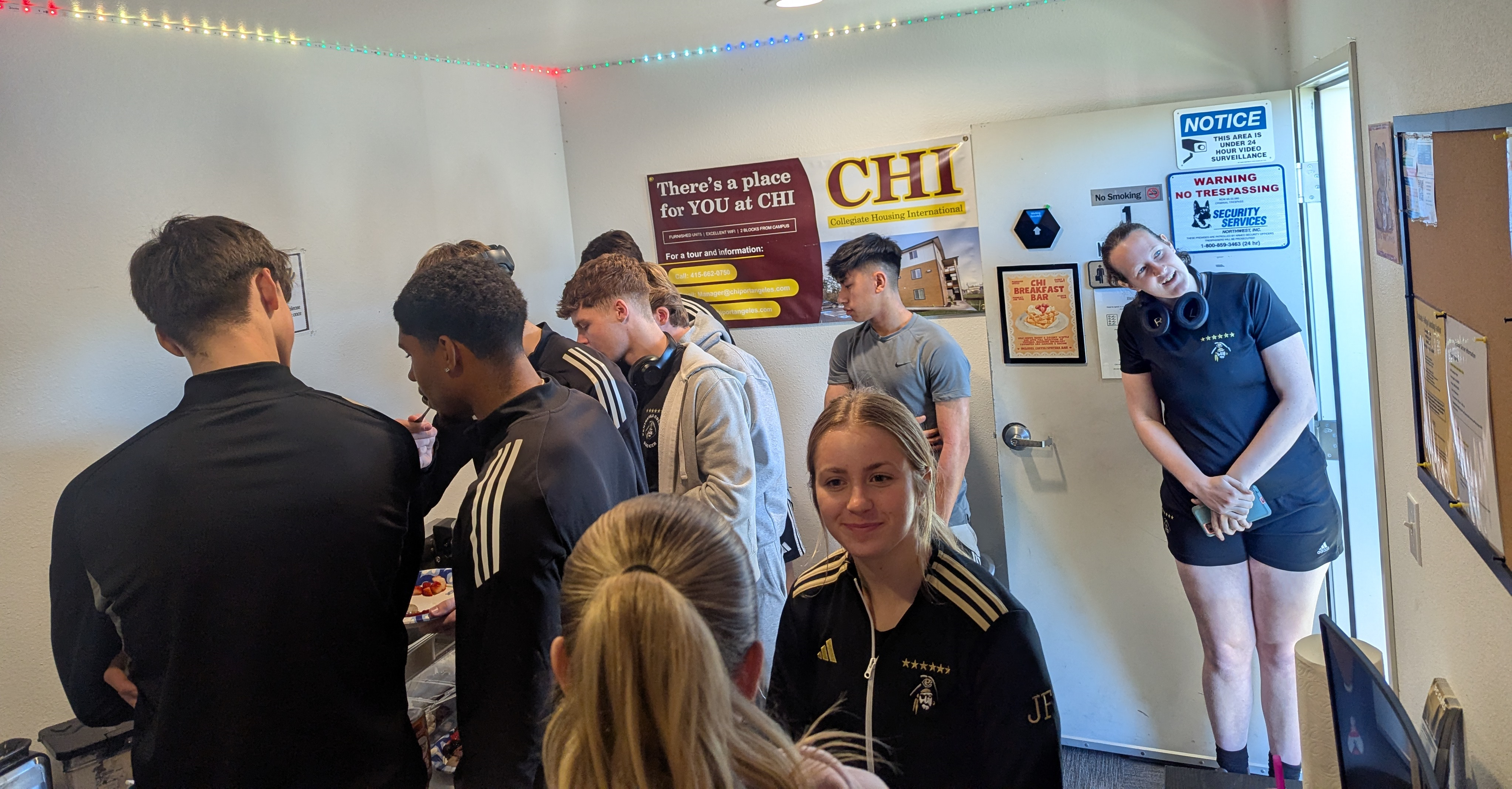 Residents in line to get breakfast.